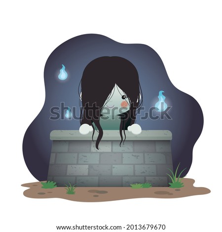 Cute ghost lady in water well with will-o'-the-wisp. Japan ghost cartoon character. Flat design. Vector illustration. 