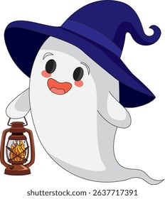 Cute Ghost With Lantern with Hat Halloween Vector
