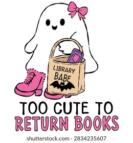 Cute Ghost with Library Tote Bag Bow and Pink Boots