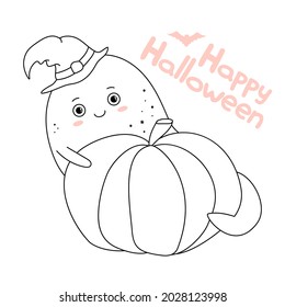 Cute Ghost line Halloween Vector Illustration on white isolated background. Ghostly character with pumpkin and hat for kids party in October
