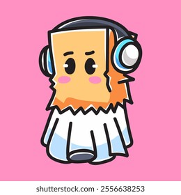 Cute Ghost Listening Music Vector Cartoon Illustration. Cute Icon Concept Isolated Premium Vector. Flat Cartoon Concept for Event. Cute Doodle Cartoon Illustration Style. Suitable for Any Project