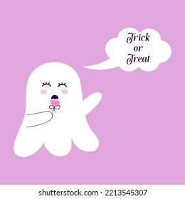 Cute ghost with a lollipop and speech bubble. Trick or treat. Halloween card.
