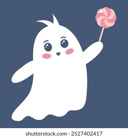 Cute ghost with lollipop. Spooky funny Halloween character. Vector flat hand drawn illustration.