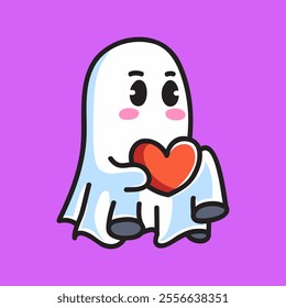 Cute Ghost With Love Vector Cartoon Illustration. Cute Icon Concept Isolated Premium Vector. Flat Cartoon Concept for Event. Cute Doodle Cartoon Illustration Style. Suitable for Any Project