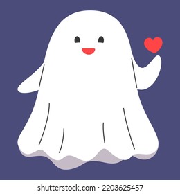 Cute ghost in love vector illustration. Funny character holding little heart in its hand. Concept of Halloween, october spooky holiday. Greeting card design element
