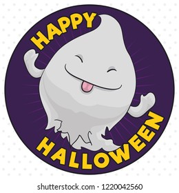 Cute ghost making a funny face with tongue out in a commemorative button for Halloween celebration.