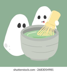 Cute Ghost Making Matcha, Halloween Matcha Tea Clipart, Cozy Green Tea Illustration
