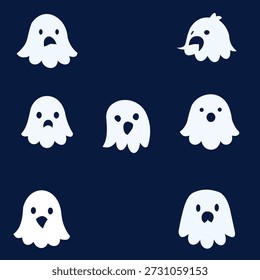 Cute ghost mascot logo collection featuring minimal bird inspired ghost characters on dark blue background. Suitable for branding, mobile applications, chat icons, stickers, gaming identity, social media graphics, startup logos, and digital products. Clean vector style with modern flat design.