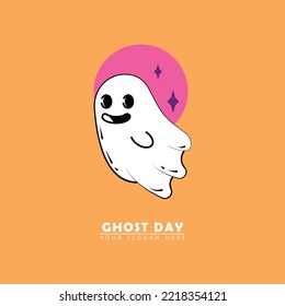 cute ghost mascot logo vector icon. vector illustration of cute ghost flying to the pink moon, simple cartoon design. great for Halloween day, children's education, entertainment etc.