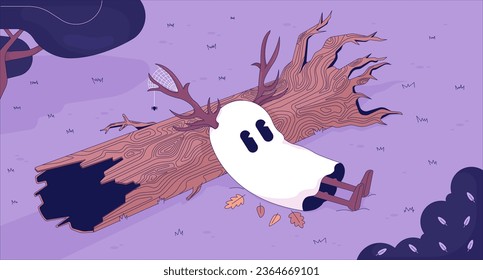 Cute ghost in melancholy autumn forest lofi wallpaper. Friendly spirit with deer antlers 2D character cartoon flat illustration. Fallen tree trunk chill vector art, lo fi aesthetic colorful background