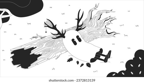 Cute ghost in melancholy autumn forest black and white lofi wallpaper. Spirit with deer antlers 2D outline character cartoon flat illustration. Fallen tree trunk vector line lo fi aesthetic background