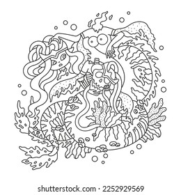 Cute ghost mermaid without head and her dead body. Scary underwater princess as spirit. Dark fantasy sea creature. Coloring page for adults. Cartoon vector illustration. Isolated on white. Outlined