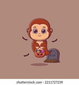 Cute ghost monkey holding pumpkin basket full of candies