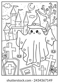 Cute ghost near the castle for Halloween. Coloring book for children. Coloring book for adults. Halloween.