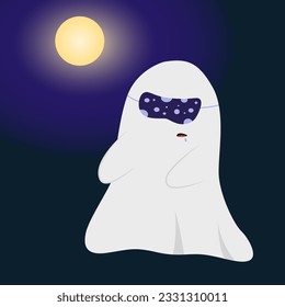 Cute ghost near the moon, ghost in a sleeping mask, Funny picture for Halloween