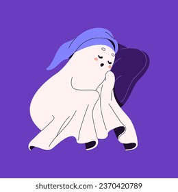 Cute ghost with night hat sleep. Halloween spook lying on pillow. Tired phantom in nightcap rest. Friendly spirit nap, dream. Helloween white shadow flying. Flat isolated vector illustration