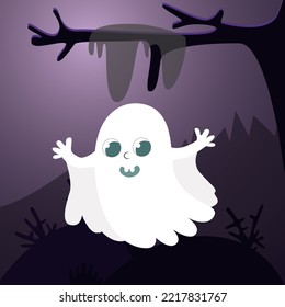 A cute ghost on the background of a mystical forest, branches and cobwebs at night in a cartoon style. Scene for design.