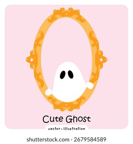 Niedlicher Geist in verziertem Goldrahmen - Pastel Halloween Vektorgrafik