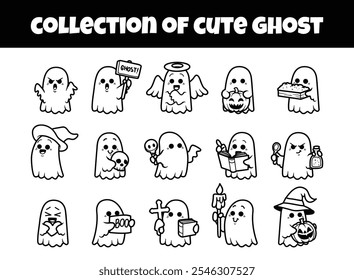 Cute ghost outline vector illustration set