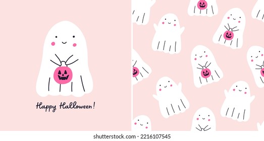 Cute ghost pastel pink seamless pattern and greeting card, cartoon flat vector illustration. Happy Halloween inscription, funny ghost holding candy basket in shape of pumpkin. Trick or treat concept.