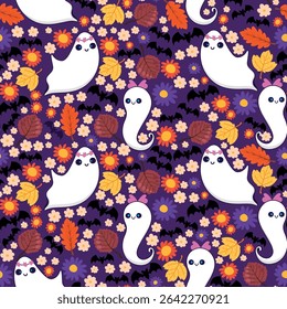 Cute Ghost Pattern with Autumn Leaves and Colorful Flowers. Adorable Halloween ghosts with bats, blossoms, and fall foliage on a purple background perfect for invitations, cards, posters, holidays