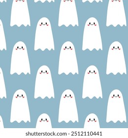 Cute ghost pattern blue background for Halloween decoration Seamless Hand Drawn Vector Illustration.
