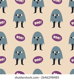 Cute Ghost Pattern with Boo Speech Bubble Seamless Pattern. Perfect for Halloween designs, creating a playful atmosphere.