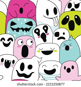 Cute Ghost Pattern, Colorful  , Illustration, Cute Hand Drawn Doodles ,Seamless