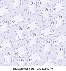 Cute ghost pattern with kissing ghosts and swirls, Vector