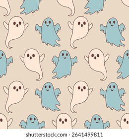 Cute ghost pattern seamless Halloween background. Whimsical and playful design in soft blue and cream tones. Perfect for spooky season textiles, wrapping paper, kids party decorations