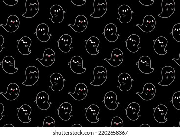 Cute Ghost Pattern Wallpaper. Pattern Of Cute Little Cartoon Ghosts On Black Background.