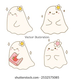 Cute Ghost with Pencil Vector Set. Adorable Halloween Doodle Illustration