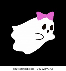 Cute ghost with a pink bow. Happy halloween funny scary character, spooky expression creature. Holiday print. Mystery creative vector clipart