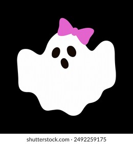 Cute ghost with a pink bow. Happy halloween funny scary character, spooky expression creature. Holiday print. Mystery creative vector clipart