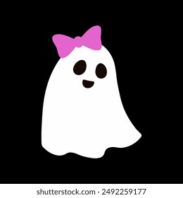 Cute ghost with a pink bow. Happy halloween funny scary character, spooky expression creature. Holiday print. Mystery creative vector clipart