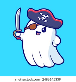 Cute Ghost Pirate Holding Sword Cartoon Vector Icon Illustration. People Holiday Icon Concept Isolated Premium Vector. Flat Cartoon Style