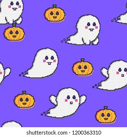 Cute ghost. Pixel art. Seamless pattern. Vector illustration.