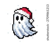 Cute ghost pixel icon in Santa Claus hat. Arcade game icon. Abstract Christmas character.