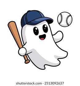 Cute Ghost Playing Baseball Illustration
