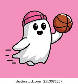 Cute Ghost Playing Basketball with Pink Background