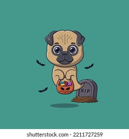 Cute ghost pug dog holding pumpkin basket full of candies