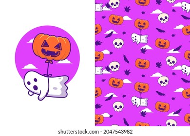 Cute ghost with pumpkin balloon happy halloween with seamless pattern