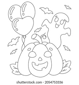 Cute ghost and pumpkin with balloons. Coloring book page for kids. Cartoon style character. Vector illustration isolated on white background. Halloween theme.