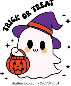 Cute Ghost with Pumpkin Basket and Witch Hat - Trick or Treat Halloween Illustration Hand drawn Cartoon Design