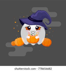 Cute ghost with pumpkin and candies