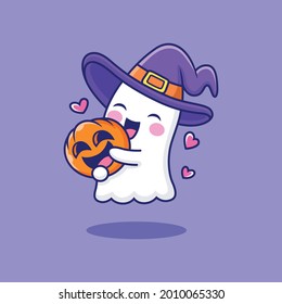 Cute ghost with pumpkin cartoon