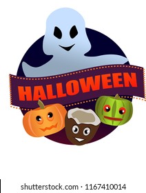 Cute ghost, pumpkin, coconut and watermelon wish happy halloween 