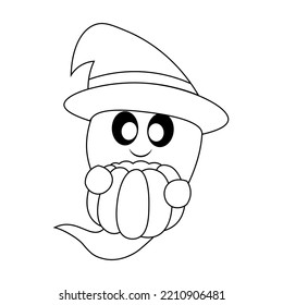 Cute Ghost and pumpkin. Draw illustration in black and white