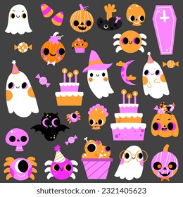 Cute ghost pumpkin, graveyard, bine, skeletons spooky skull  scary Halloween cartoon character set  lovely adorable collection with helpers decorative elements for print, pattern, apparel.