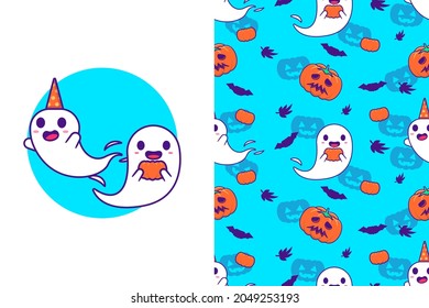 Cute ghost and pumpkin happy halloween with seamless pattern